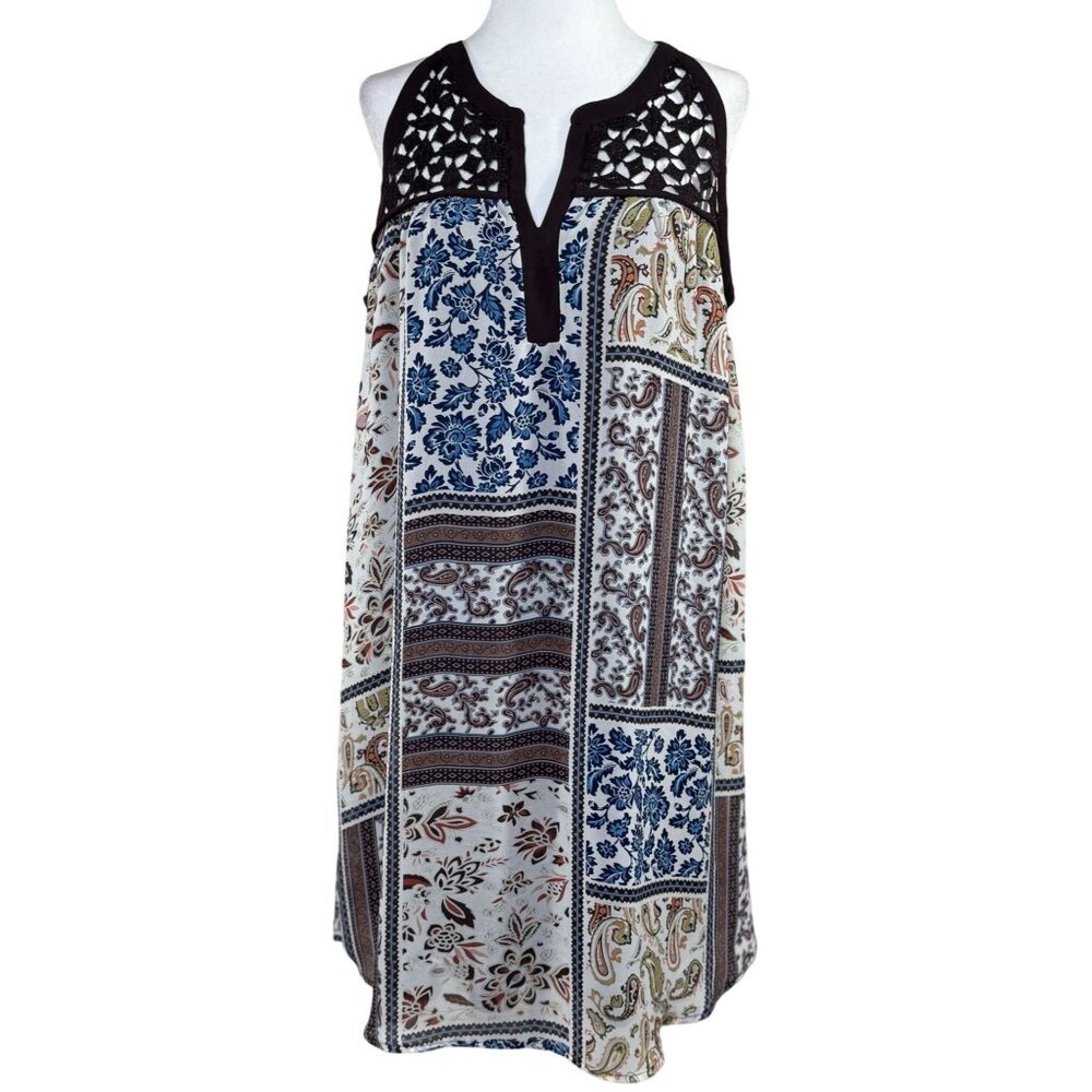 Blu Heaven Size M Top Tunic Womens Patchwork Print Sleeveless Crochet Yoke